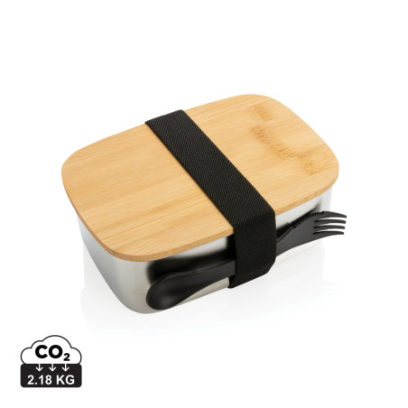 Boîte à Lunch en acier avec couvercle en bambou et cuichette Personnalisable | BCM Goodies - 3