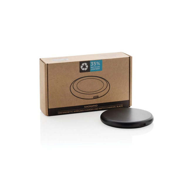 Chargeur 15 W 3 en 1 sans fil en plastique recyclé RCS Magnapad - Accessoire publicitaire de qualité supérieure