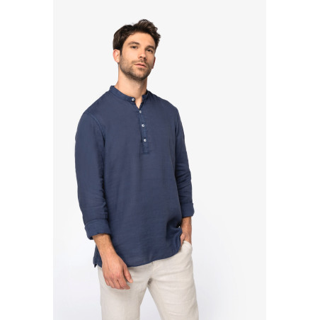 Chemise à col Mao délavée  en lin homme Personnalisable | BCM Goodies - 4