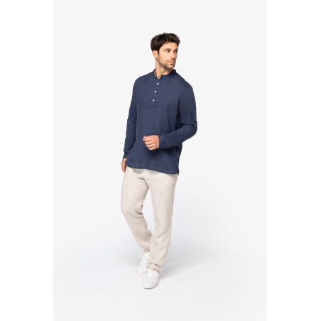 Chemise à col Mao délavée  en lin homme Personnalisable | BCM Goodies - 1