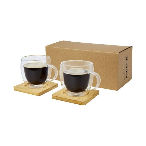 Tasse Manti 2 pièces en verre à double paroi de 250 ml avec sous-verre en bambou  Personnalisable | BCM Goodies