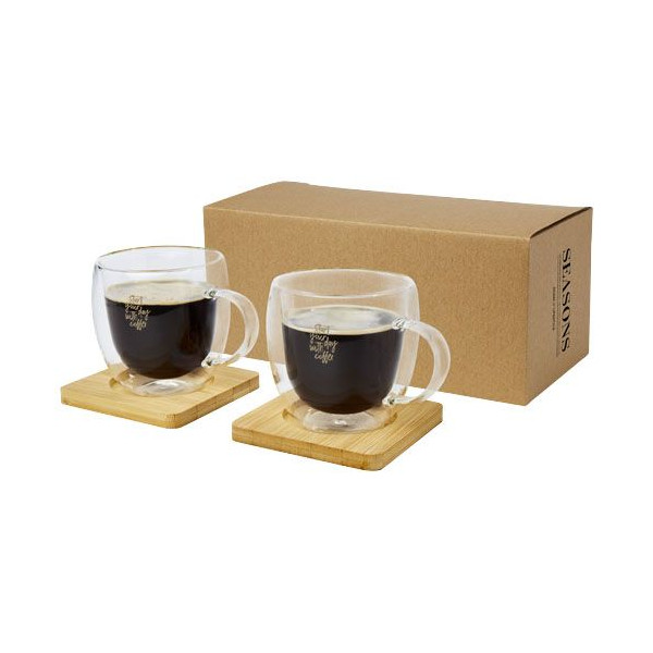 Tasse Manti 2 pièces en verre à double paroi de 250 ml avec sous-verre en bambou  Personnalisable | BCM Goodies