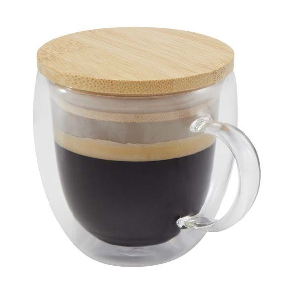 Tasse en verre Lenora de 250 ml avec couvercle en bambou Personnalisable | BCM Goodies