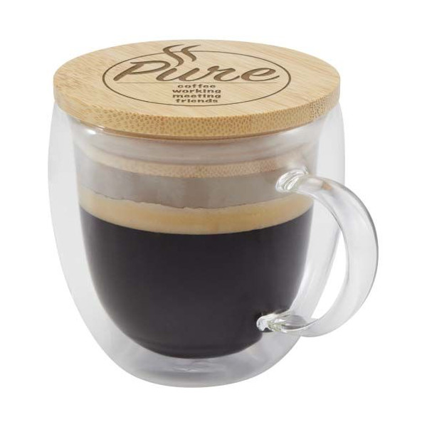 Tasse en verre Lenora de 250 ml avec couvercle en bambou Personnalisable | BCM Goodies