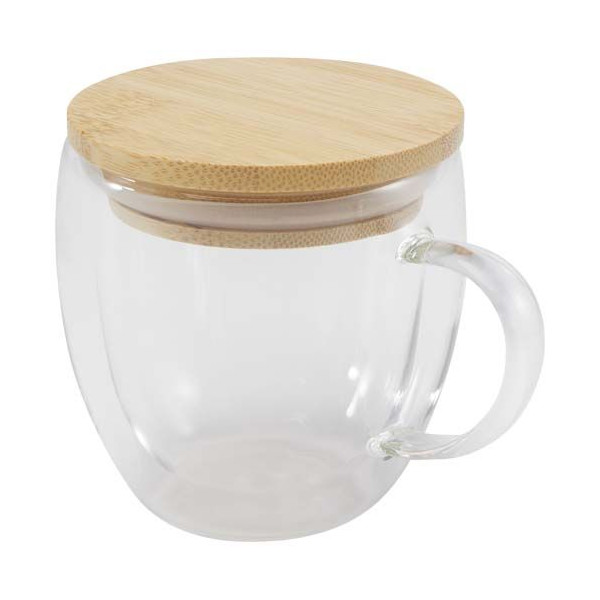 Tasse en verre Lenora de 250 ml avec couvercle en bambou Personnalisable | BCM Goodies
