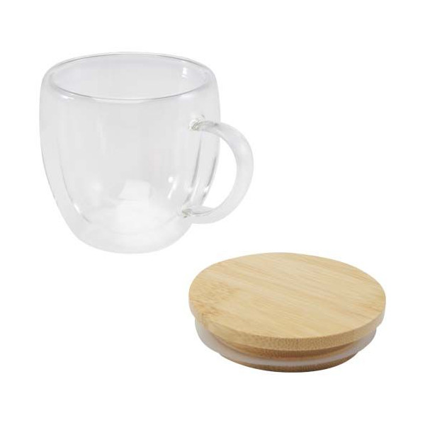 Tasse en verre Lenora de 250 ml avec couvercle en bambou Personnalisable | BCM Goodies