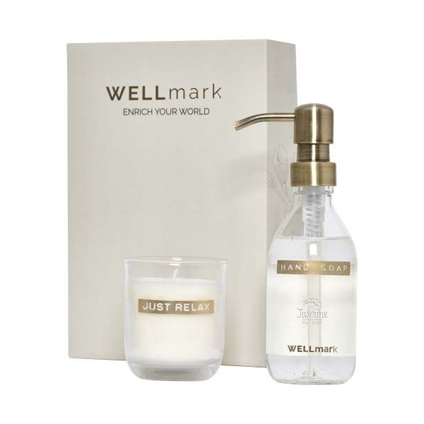 Ensemble élégant Wellmark Discovery : distributeur de savon et bougie parfumée biodégradables - BCM Goodies