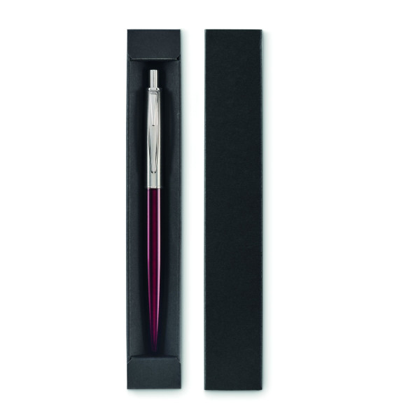 Stylo à bille à bouton poussoir en acier inoxydable recyclé dans une boîte noire - Idéal pour la communication d'entreprise
