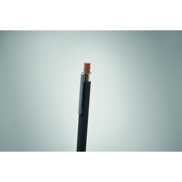 Stylo bille en aluminium recyclé avec bouton poussoir en liège et clip en métal - Encre bleue | BCM Goodies
