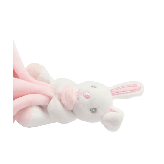 Doudou plat animal personnalisable pour entreprises – Cadeau d’entreprise conforme EN71 avec hochet, lapin rose ou ourson bleu