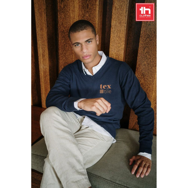 Pull col V homme en coton et polyamide THC MILAN - Personnalisable | BCM Goodies