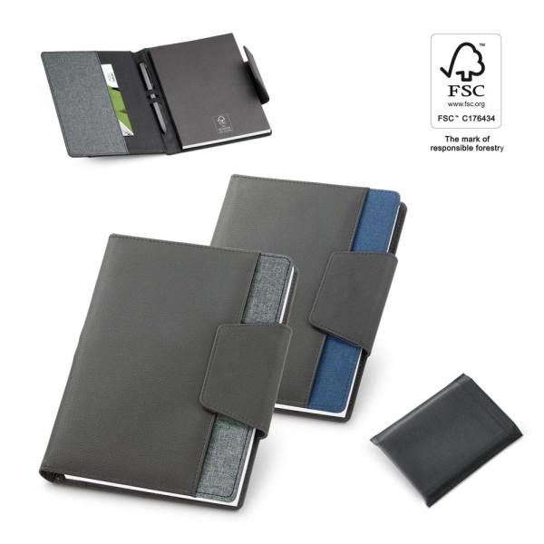 Carnet publicitaire personnalisable RUSSEL en PU et tissu polyester avec bloc-notes A5 - BCM Goodies