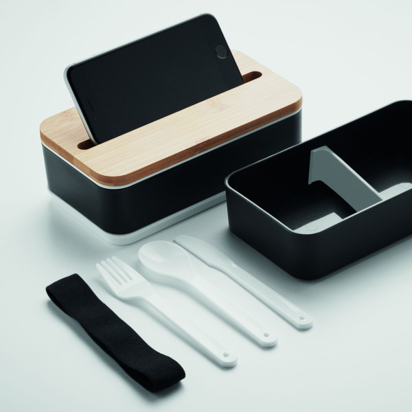 Lunchbox en PP recyclé WINT avec couvercle en bambou et couverts intégrés - Capacité 400 ml par niveau