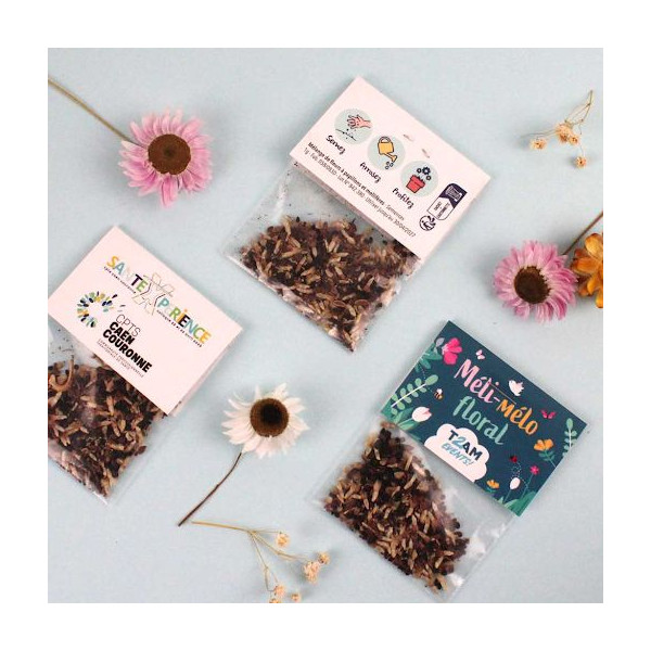 Sachet graines transparent personnalisable avec cavalier – Goodies entreprise pour événements et communication – BCM Goodies