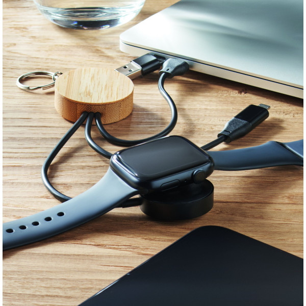 Porte-clés câble 4 en 1 60W BULE en bambou pour entreprises B2B - BCM Goodies
