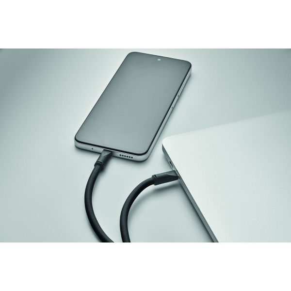 Cordon de charge et de transfert de données de 60W en RPET avec porte-cordon de téléphone et porte clés - BCM Goodies