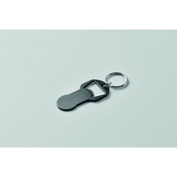 Porte-clés décapsuleur en aluminium recyclé avec anneau en fer - Objet publicitaire personnalisable pour entreprise