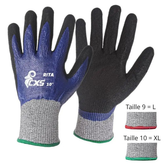 Gants de travail CXS Rita pour travaux lourds en milieu humide - Catégorie 2, protection anticoupure D, résistance à l'abra
