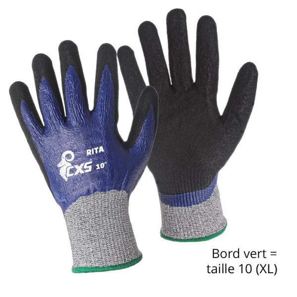 Gants de travail CXS Rita pour travaux lourds en milieu humide - Catégorie 2, protection anticoupure D, résistance à l'abra