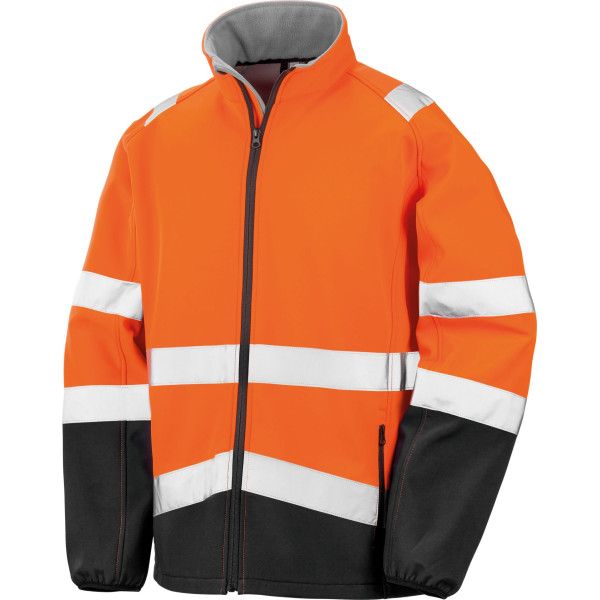 Veste softshell personnalisée haute visibilité avec bandes réfléchissantes, conforme EN ISO 20471, idéale pour communication d’e