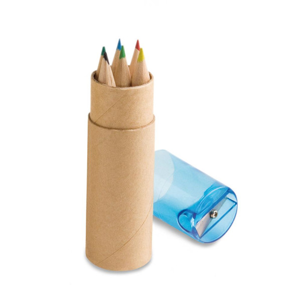 Boîte à crayons publicitaire avec 6 crayons de couleur et taille-crayon - BCM Goodies