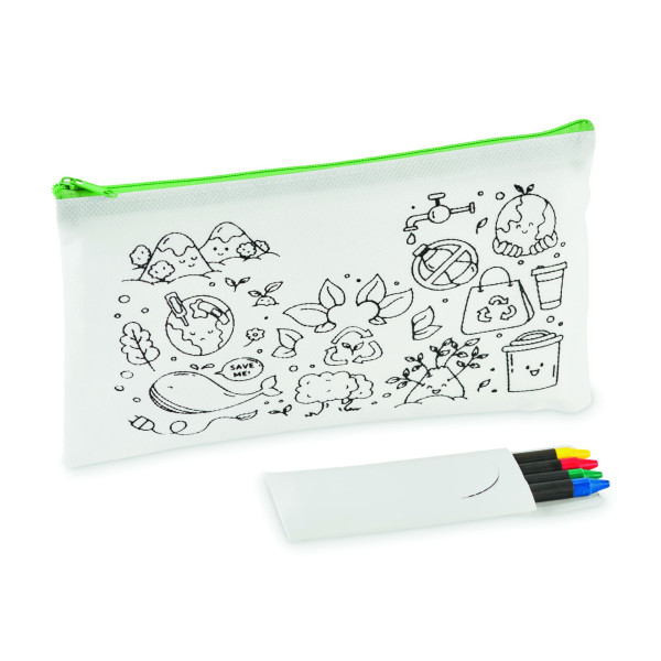 Trousse à crayons en non tissé avec 4 crayons de couleur - Objet promotionnel pour entreprise