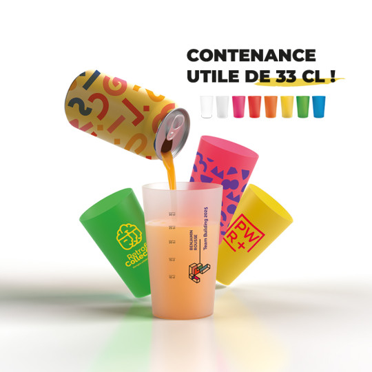Gobelet réutilisable personnalisable 33 cl – 8 coloris, personnalisable 1 couleur ou quadri, adapté événements professionnels