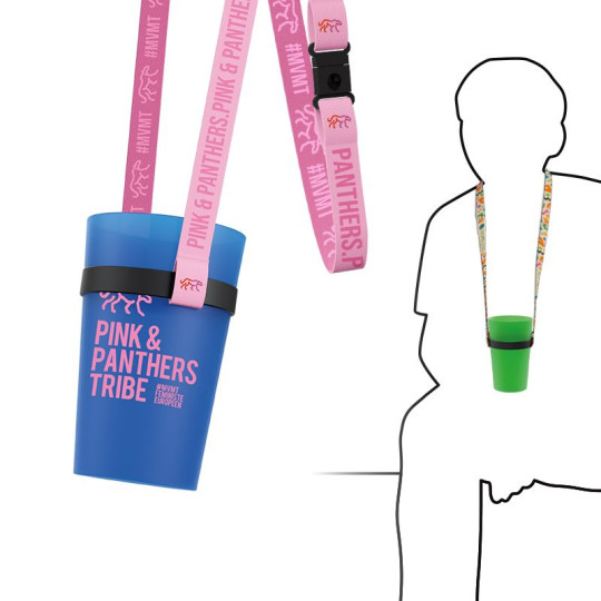 Porte-gobelet personnalisable avec lanyard en polyester – Marquage quadri et choix des couleurs – BCM Goodies