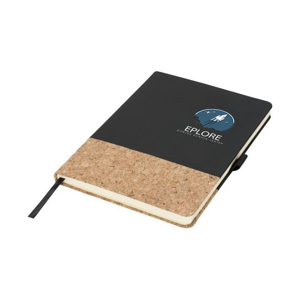 Carnet de notes A5 thermo PU en liège Evora - Carnet ligné en papier crème avec couverture rigide en liège et fermeture élastiqu