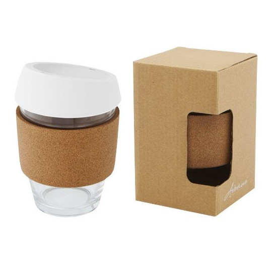 Gobelet Lidan en verre borosilicate 360 ml avec grip en liège et couvercle en silicone - BCM Goodies