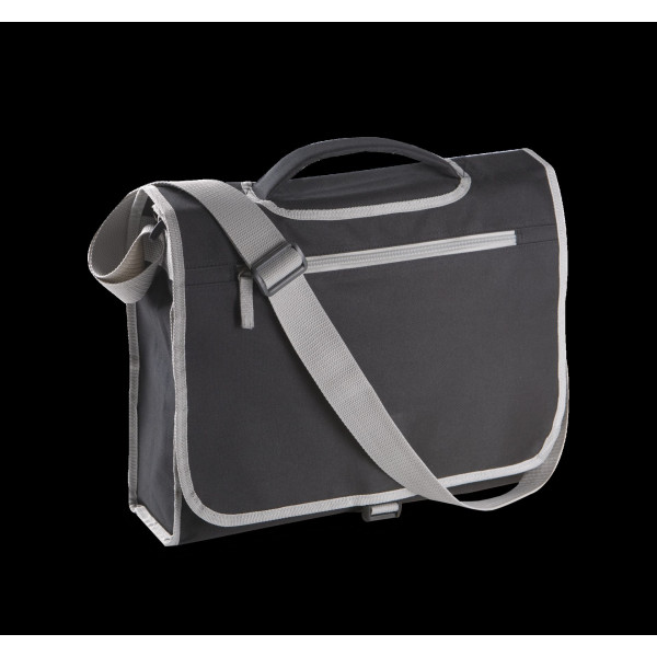 Porte-document en polyester 600D avec bandoulière ajustable, poche frontale zippée et boucle de fermeture. Parfait pour transpor