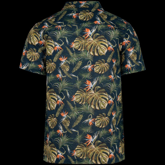 Chemise écoresponsable imprimée hawaïenne pour homme - Lin et coton biologique - Col bowling - Motifs hawaïens - Goodies personn