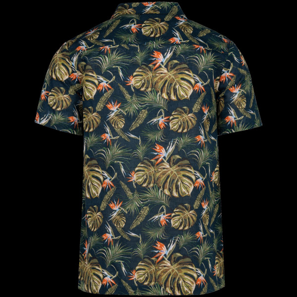 Chemise écoresponsable imprimée hawaïenne pour homme - Lin et coton biologique - Col bowling - Motifs hawaïens - Goodies personn