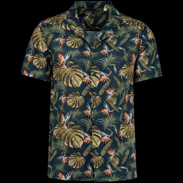 Chemise écoresponsable imprimée hawaïenne pour homme - Lin et coton biologique - Col bowling - Motifs hawaïens - Goodies personn