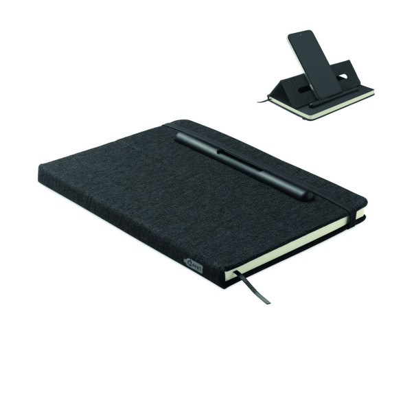 Carnet A5 avec couverture rigide en RPET et fonction support de téléphone - BCM Goodies