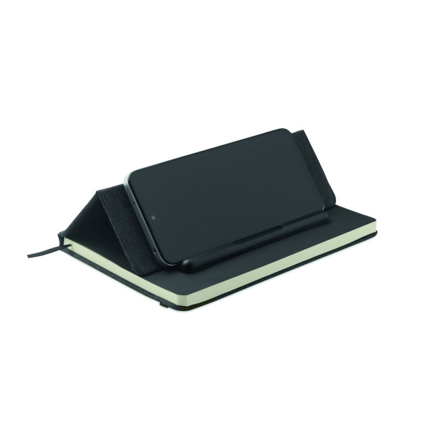 Carnet A5 avec couverture rigide en RPET et fonction support de téléphone - BCM Goodies