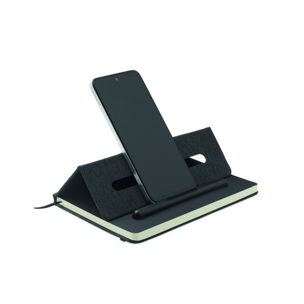 Carnet A5 avec couverture rigide en RPET et fonction support de téléphone - BCM Goodies