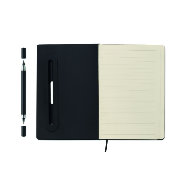 Carnet A5 avec couverture rigide en RPET et fonction support de téléphone - BCM Goodies