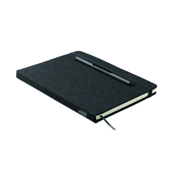 Carnet A5 avec couverture rigide en RPET et fonction support de téléphone - BCM Goodies