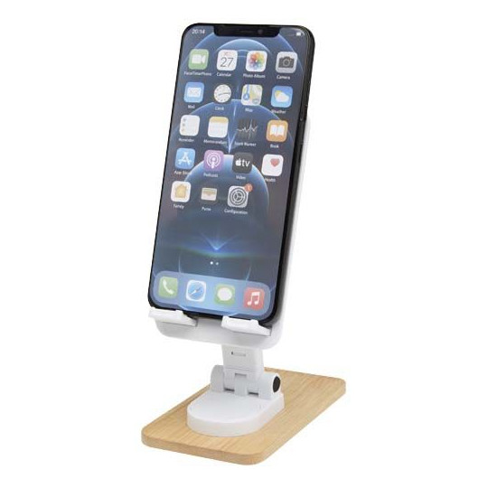 Support téléphone de bureau en plastique recyclé et bambou - Personnalisable pour entreprise