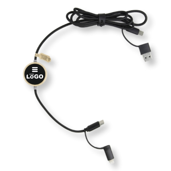 Câble de charge 4 en 1 lumineux 120 cm personnalisable en bambou – Goodies d’entreprise BCM Goodies