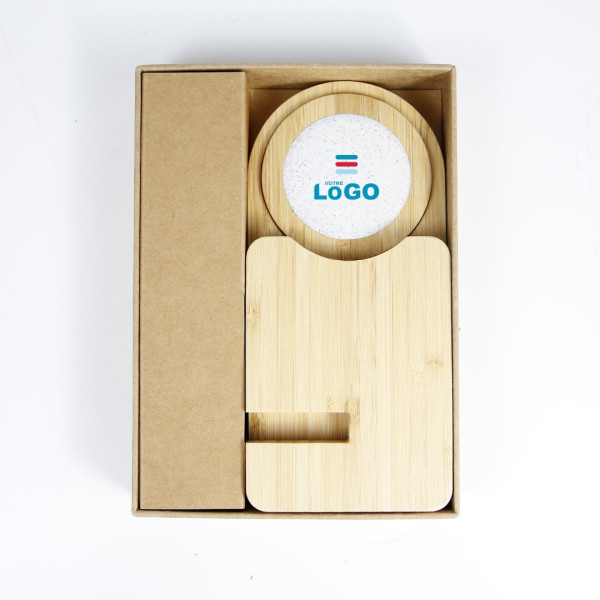 Chargeur sans fil bambou personnalisable avec support – Cadeau d’entreprise écologique – BCM Goodies