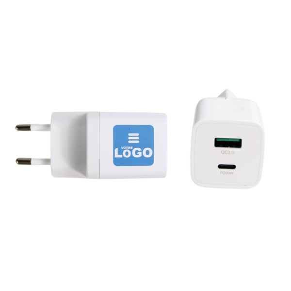 Chargeur USB 20W 2 ports personnalisable avec logo – Prise UE – Objet publicitaire pour entreprises