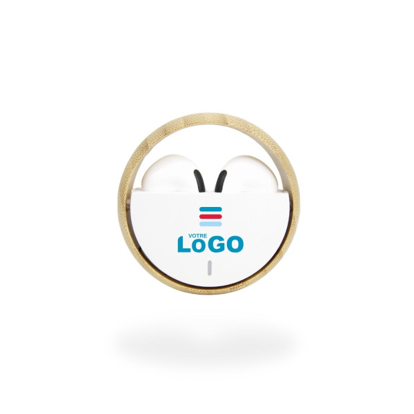 Écouteurs Bluetooth personnalisables LOOP Bambou – Goodies d’entreprise avec zone d’impression
