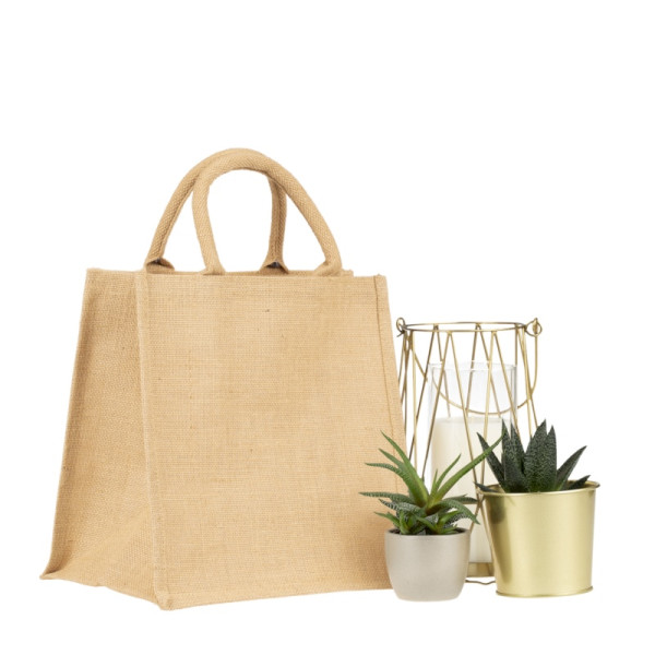 Cabas JUTE S personnalisable en jute naturelle avec soufflet 30x30x20 cm – Marquage sérigraphie une couleur – Objet promotionnel