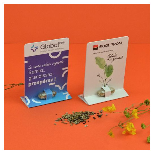 Gélule à graines personnalisable 8x20 mm avec cavalier 65x25 mm – Goodies écologiques BCM