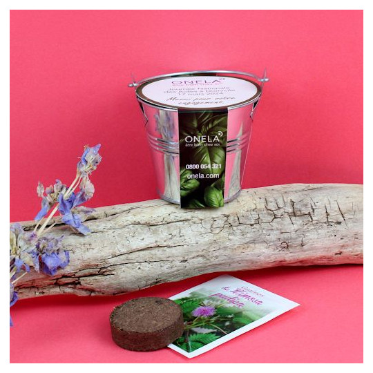 Kit de plantation personnalisable en pot zinc Ø7 cm – Objet publicitaire durable pour communication d’entreprise – Marquage tech
