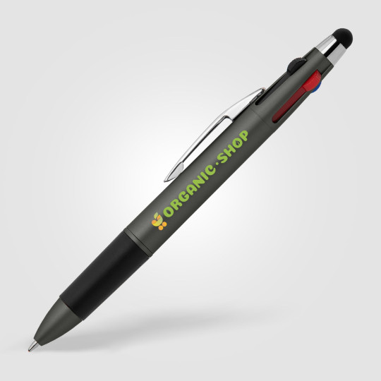 Stylo publicitaire Quattro Softy Métallique multi-encres avec stylet – Objet promotionnel personnalisable pour communication d’e