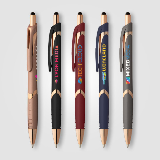 Stylo publicitaire Joplin Softy Rose Gold avec stylet personnalisable pour événements professionnels – BCM Goodies