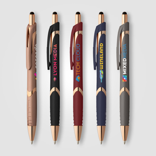 Stylo publicitaire Joplin Softy Rose Gold avec stylet personnalisable pour événements professionnels – BCM Goodies